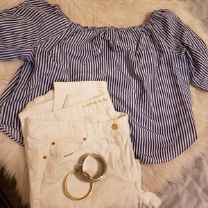 SOLD Blue White Pinstriped Cropped Blouse XL